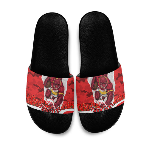 Personalized Dolphins ANZAC Tribute Slide Sandals Poppy Field Soldier Silhouette Aboriginal Rugby Mascot