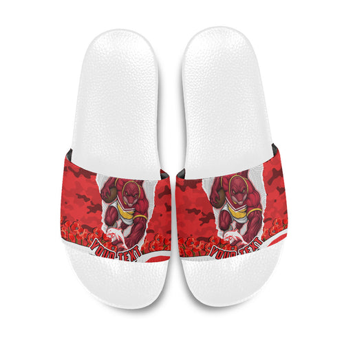 Personalized Dolphins ANZAC Tribute Slide Sandals Poppy Field Soldier Silhouette Aboriginal Rugby Mascot