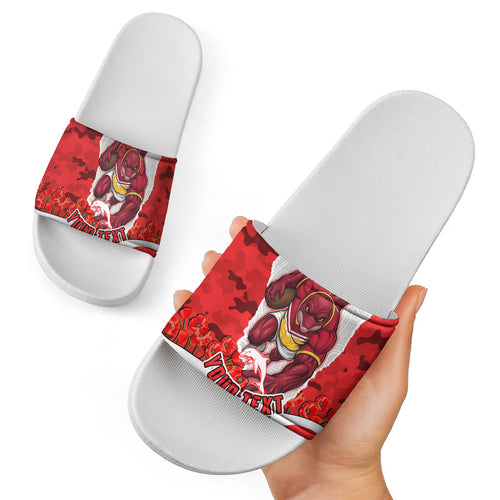 Personalized Dolphins ANZAC Tribute Slide Sandals Poppy Field Soldier Silhouette Aboriginal Rugby Mascot