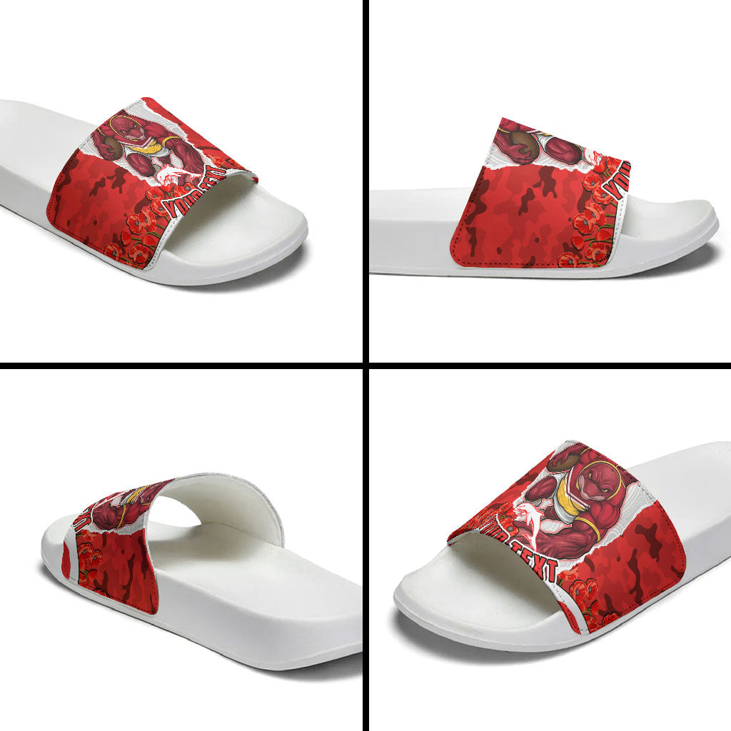 Personalized Dolphins ANZAC Tribute Slide Sandals Poppy Field Soldier Silhouette Aboriginal Rugby Mascot