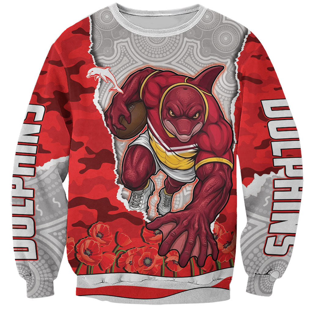 Personalized Dolphins ANZAC Tribute Sweatshirt Poppy Field Soldier Silhouette Aboriginal Rugby Mascot