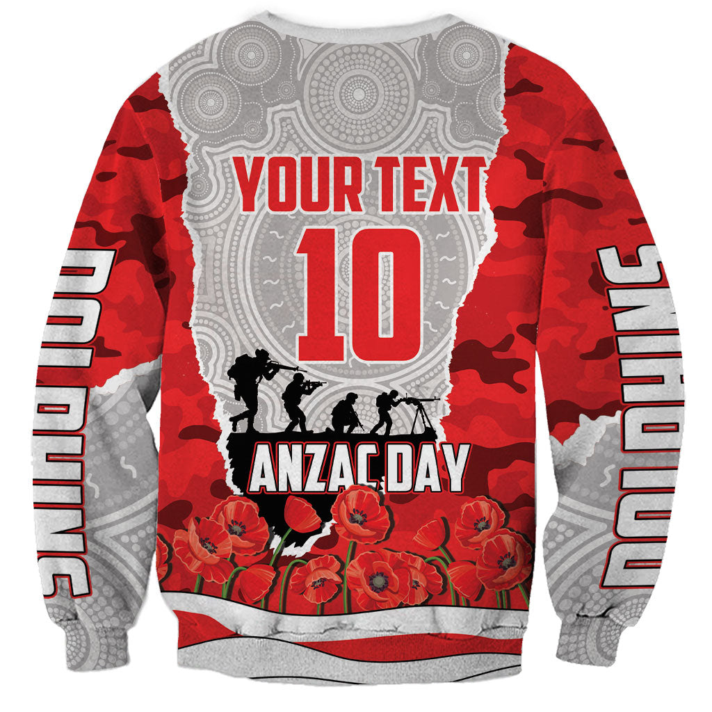 Personalized Dolphins ANZAC Tribute Sweatshirt Poppy Field Soldier Silhouette Aboriginal Rugby Mascot
