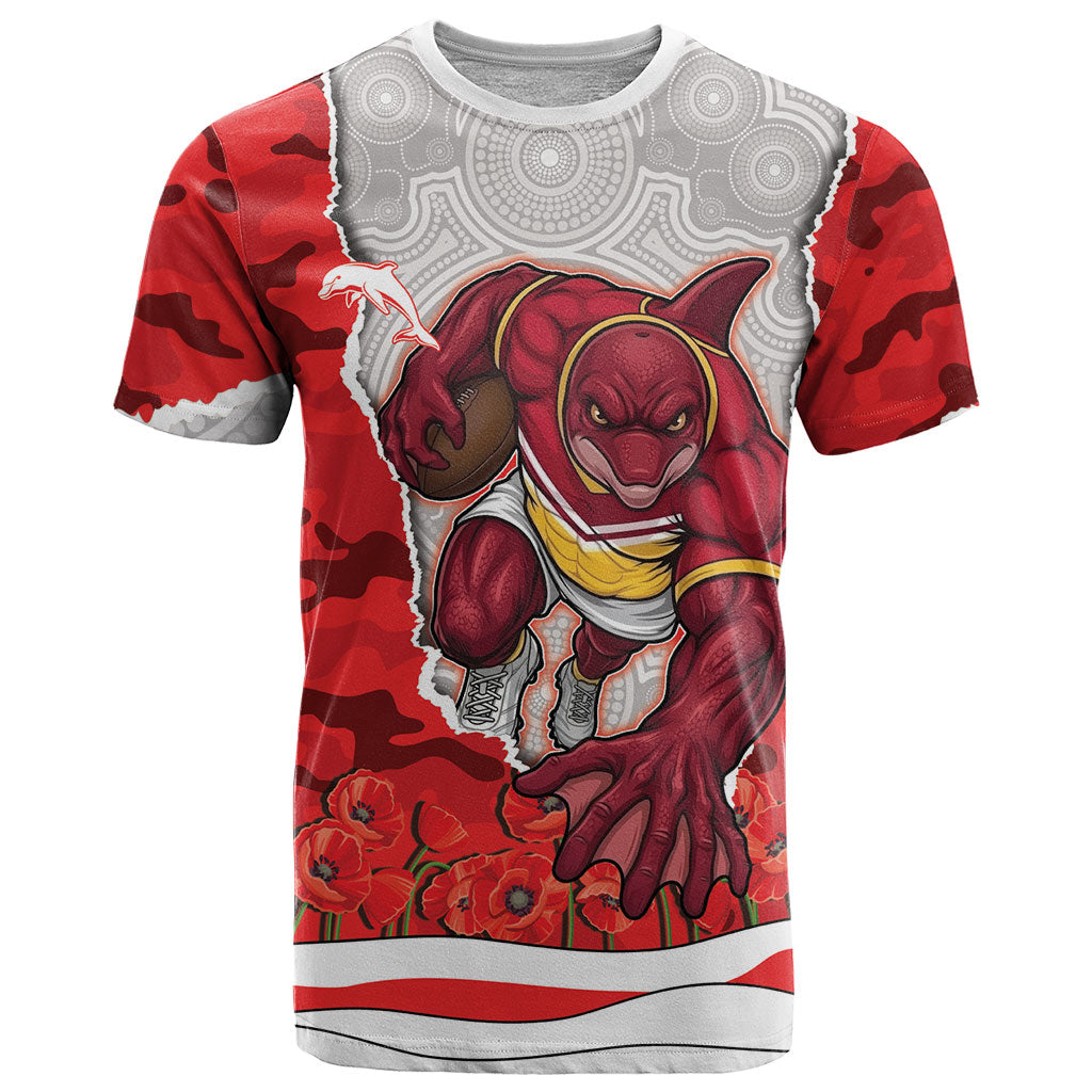 Personalized Dolphins ANZAC Tribute T Shirt Poppy Field Soldier Silhouette Aboriginal Rugby Mascot
