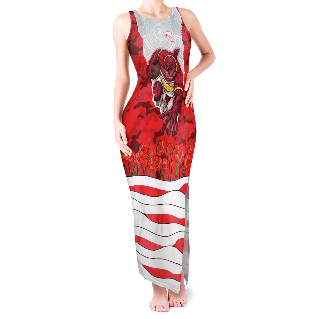 Personalized Dolphins ANZAC Tribute Tank Maxi Dress Poppy Field Soldier Silhouette Aboriginal Rugby Mascot