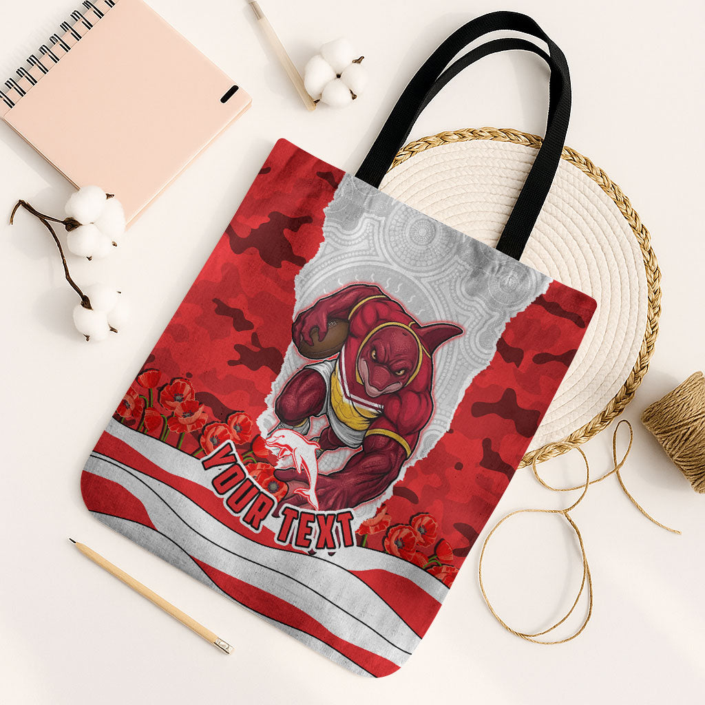 Personalized Dolphins ANZAC Tribute Tote Bag Poppy Field Soldier Silhouette Aboriginal Rugby Mascot