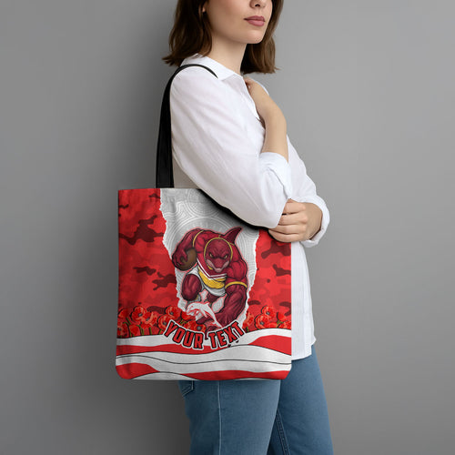 Personalized Dolphins ANZAC Tribute Tote Bag Poppy Field Soldier Silhouette Aboriginal Rugby Mascot