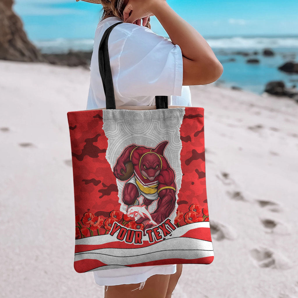 Personalized Dolphins ANZAC Tribute Tote Bag Poppy Field Soldier Silhouette Aboriginal Rugby Mascot