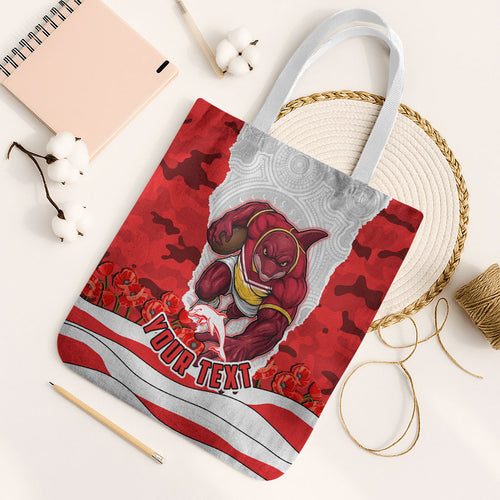 Personalized Dolphins ANZAC Tribute Tote Bag Poppy Field Soldier Silhouette Aboriginal Rugby Mascot