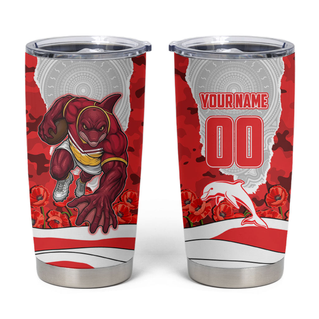 Personalized Dolphins ANZAC Tribute Tumbler Cup Poppy Field Soldier Silhouette Aboriginal Rugby Mascot