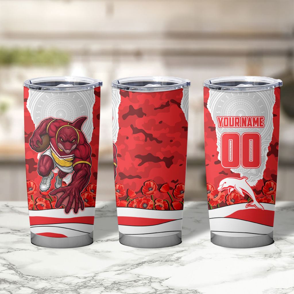 Personalized Dolphins ANZAC Tribute Tumbler Cup Poppy Field Soldier Silhouette Aboriginal Rugby Mascot