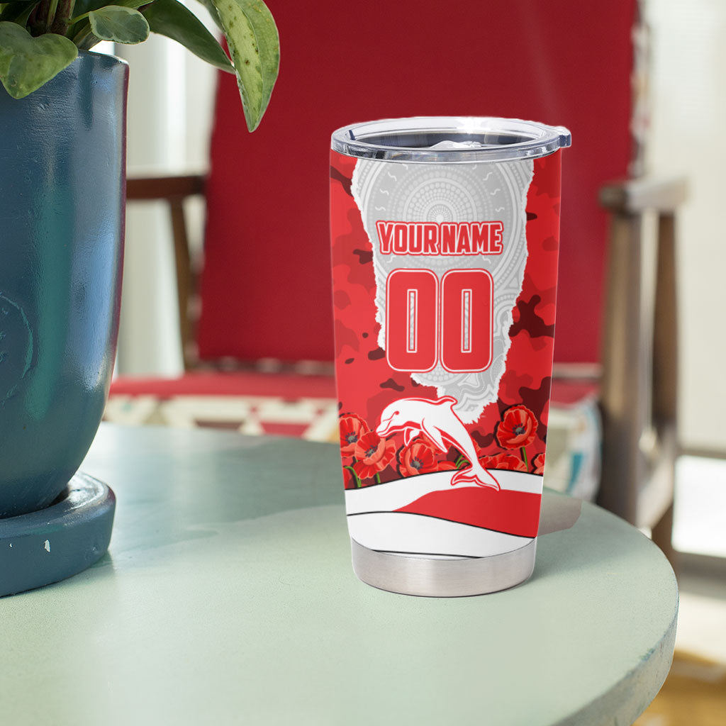 Personalized Dolphins ANZAC Tribute Tumbler Cup Poppy Field Soldier Silhouette Aboriginal Rugby Mascot