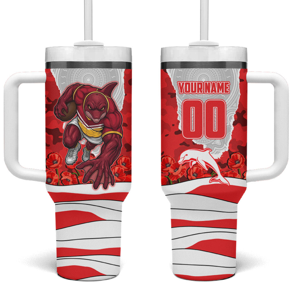 Personalized Dolphins ANZAC Tribute Tumbler With Handle Poppy Field Soldier Silhouette Aboriginal Rugby Mascot
