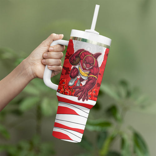 Personalized Dolphins ANZAC Tribute Tumbler With Handle Poppy Field Soldier Silhouette Aboriginal Rugby Mascot