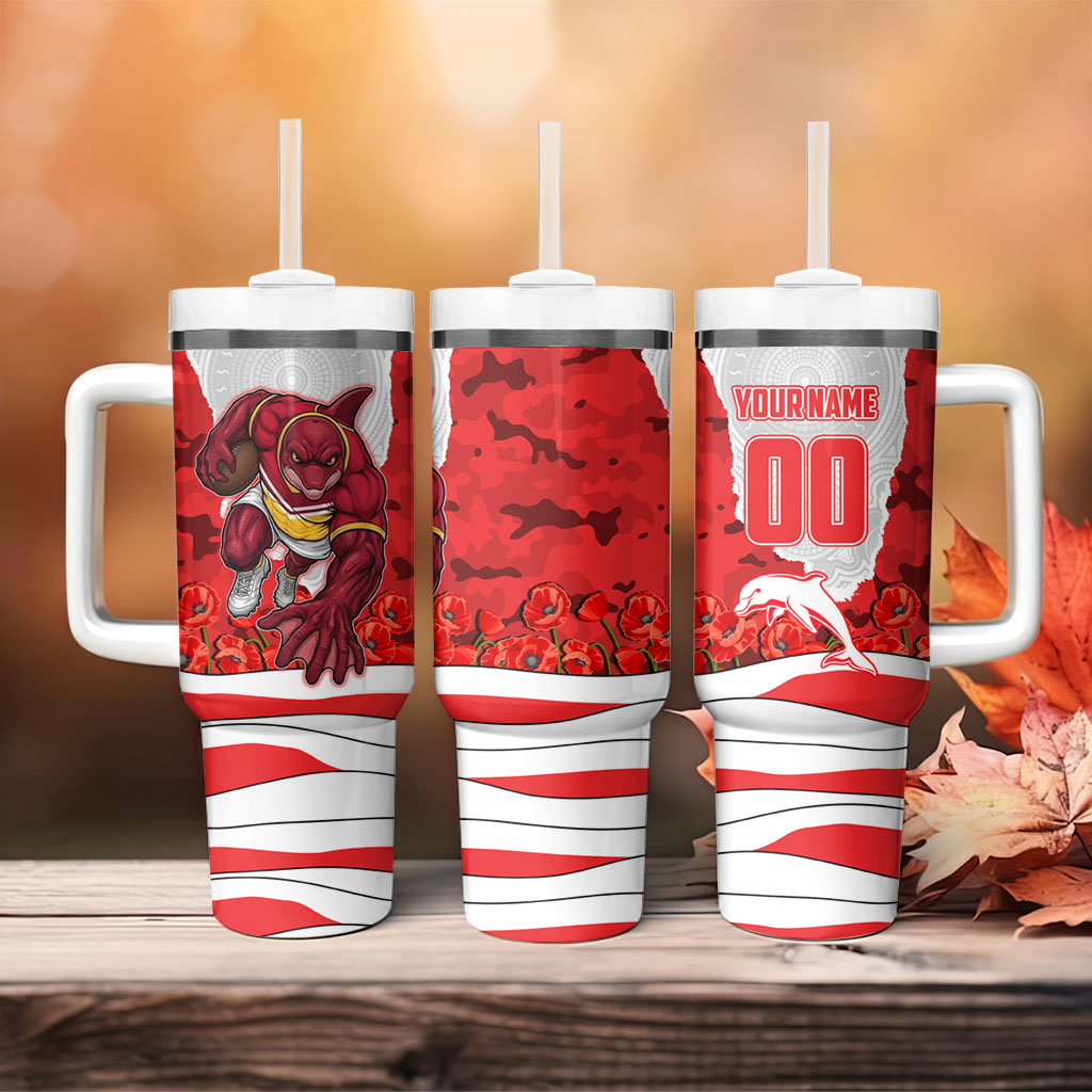 Personalized Dolphins ANZAC Tribute Tumbler With Handle Poppy Field Soldier Silhouette Aboriginal Rugby Mascot