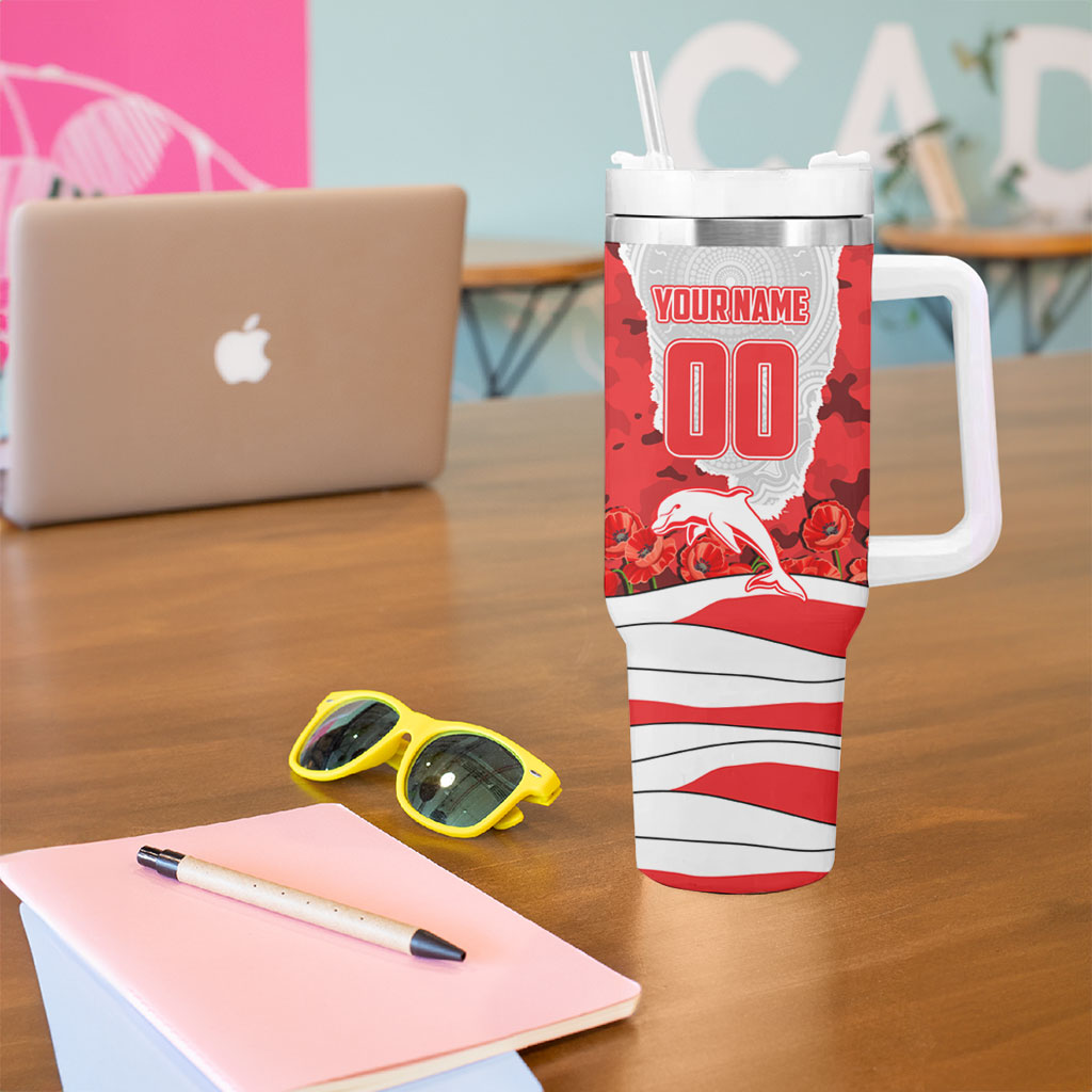 Personalized Dolphins ANZAC Tribute Tumbler With Handle Poppy Field Soldier Silhouette Aboriginal Rugby Mascot