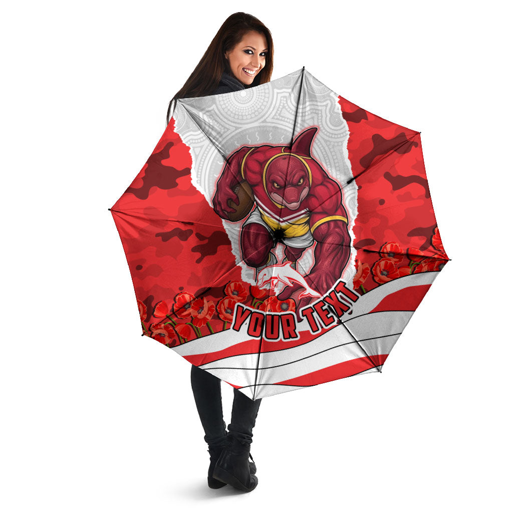 Personalized Dolphins ANZAC Tribute Umbrella Poppy Field Soldier Silhouette Aboriginal Rugby Mascot