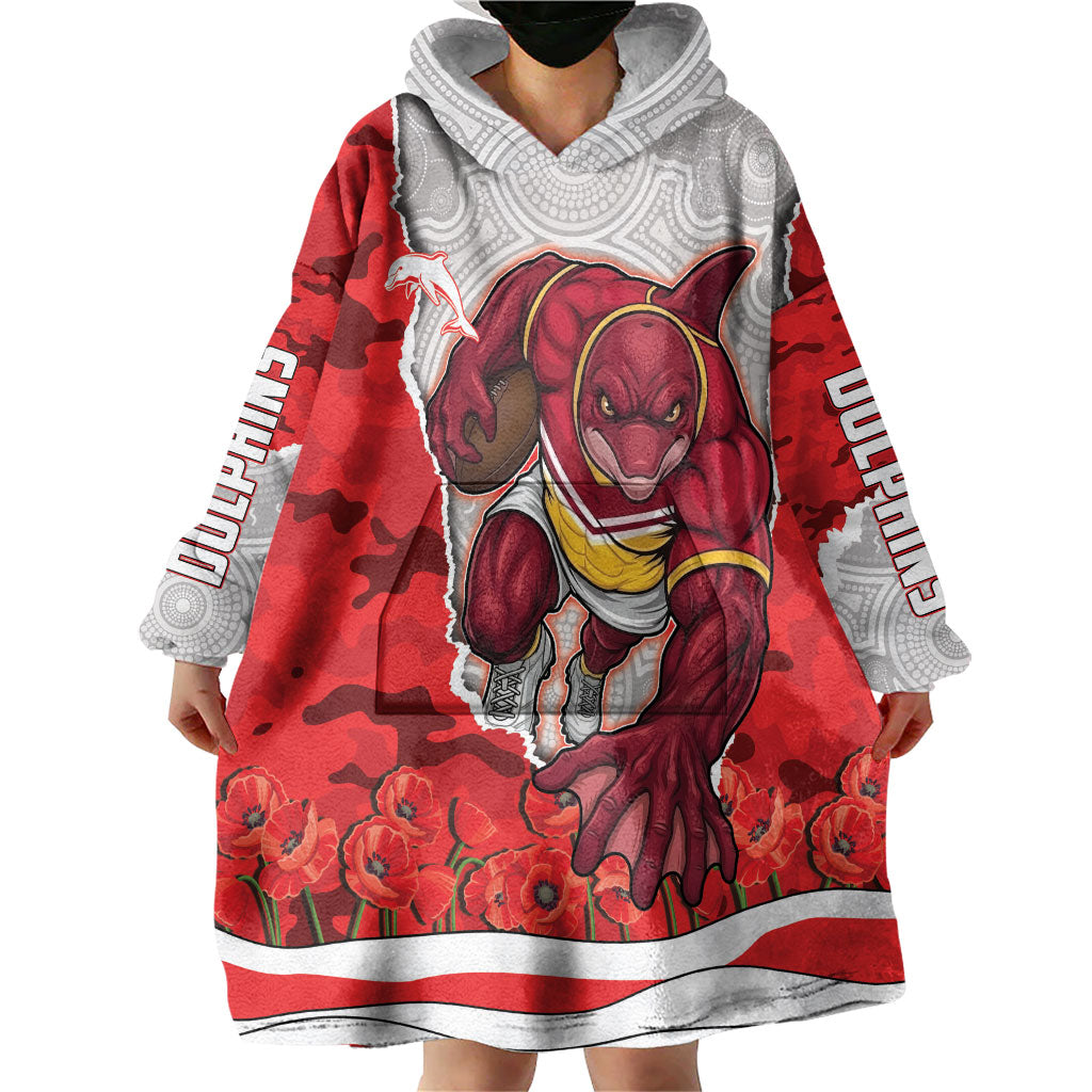 Personalized Dolphins ANZAC Tribute Wearable Blanket Hoodie Poppy Field Soldier Silhouette Aboriginal Rugby Mascot