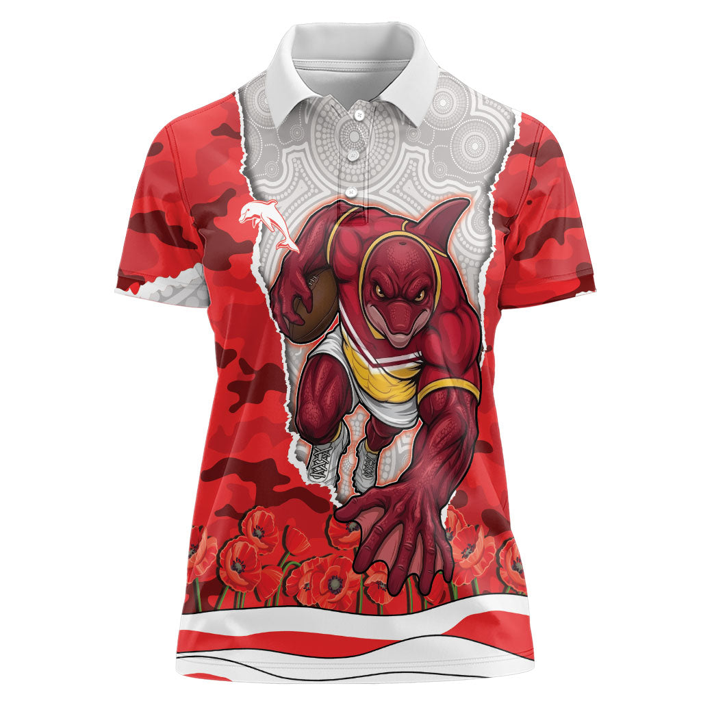 Personalized Dolphins ANZAC Tribute Women Polo Shirt Poppy Field Soldier Silhouette Aboriginal Rugby Mascot