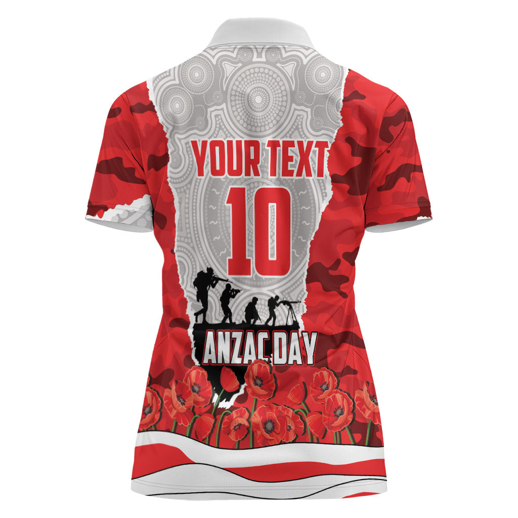 Personalized Dolphins ANZAC Tribute Women Polo Shirt Poppy Field Soldier Silhouette Aboriginal Rugby Mascot