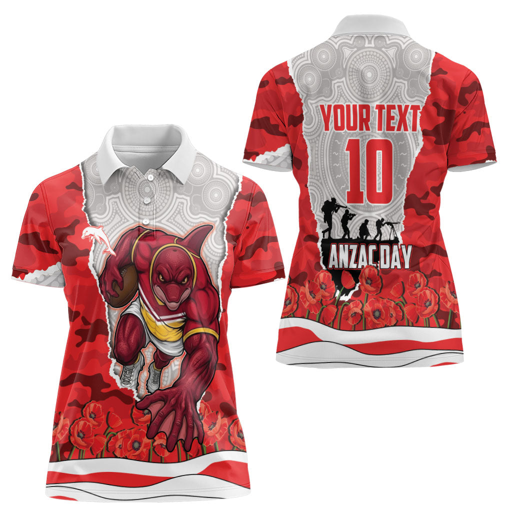 Personalized Dolphins ANZAC Tribute Women Polo Shirt Poppy Field Soldier Silhouette Aboriginal Rugby Mascot