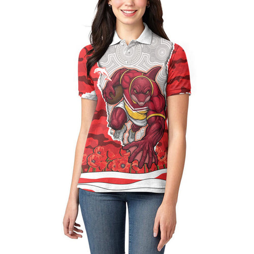 Personalized Dolphins ANZAC Tribute Women Polo Shirt Poppy Field Soldier Silhouette Aboriginal Rugby Mascot
