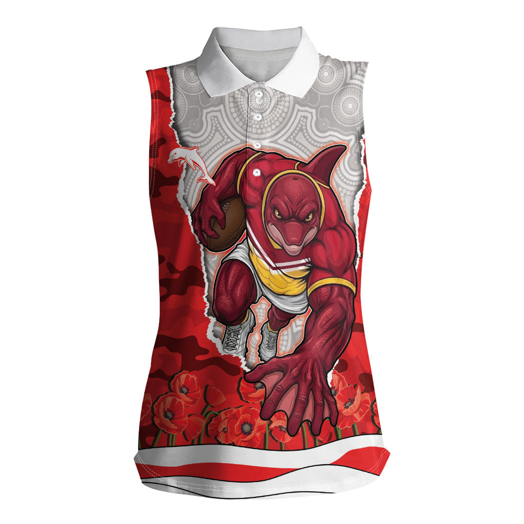 Personalized Dolphins ANZAC Tribute Women Sleeveless Polo Shirt Poppy Field Soldier Silhouette Aboriginal Rugby Mascot