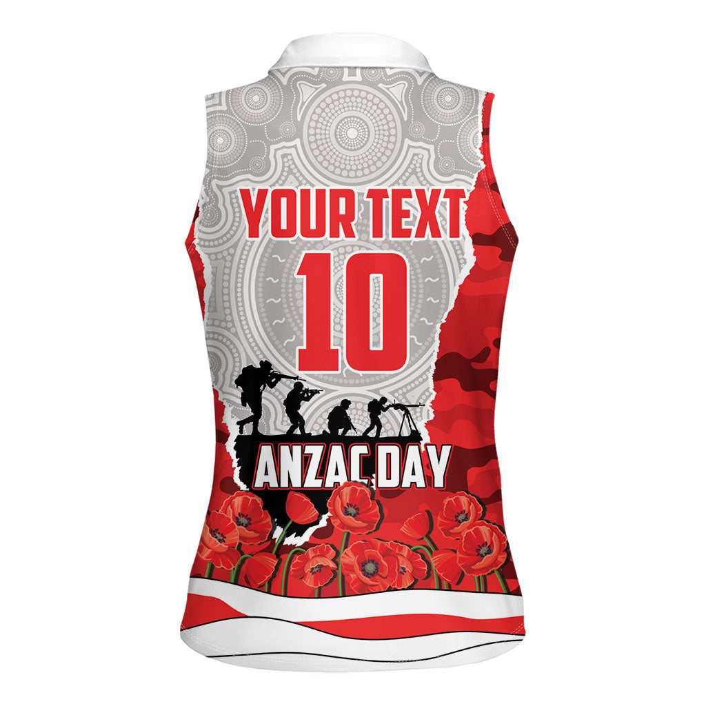 Personalized Dolphins ANZAC Tribute Women Sleeveless Polo Shirt Poppy Field Soldier Silhouette Aboriginal Rugby Mascot