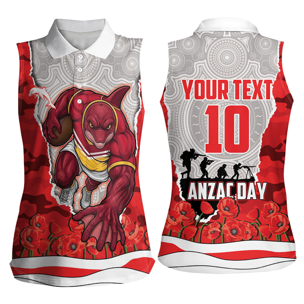 Personalized Dolphins ANZAC Tribute Women Sleeveless Polo Shirt Poppy Field Soldier Silhouette Aboriginal Rugby Mascot