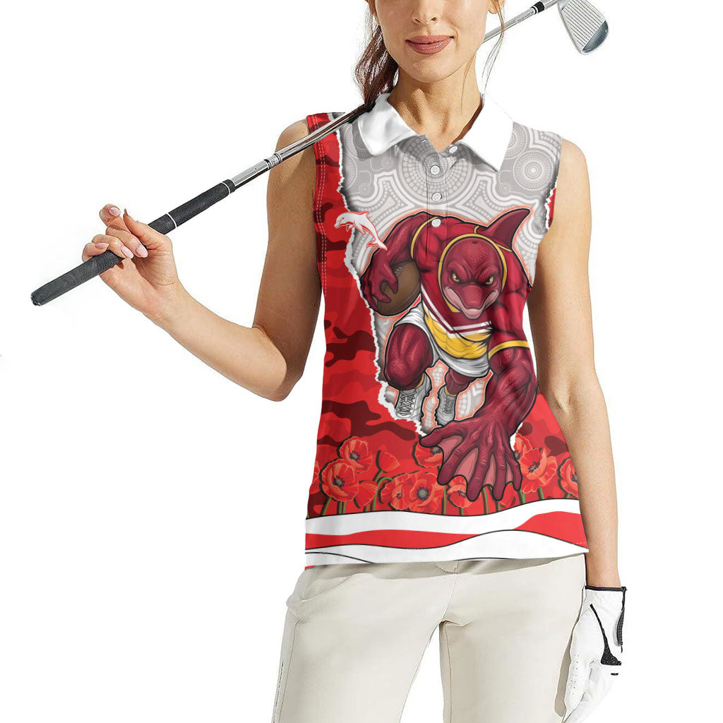 Personalized Dolphins ANZAC Tribute Women Sleeveless Polo Shirt Poppy Field Soldier Silhouette Aboriginal Rugby Mascot