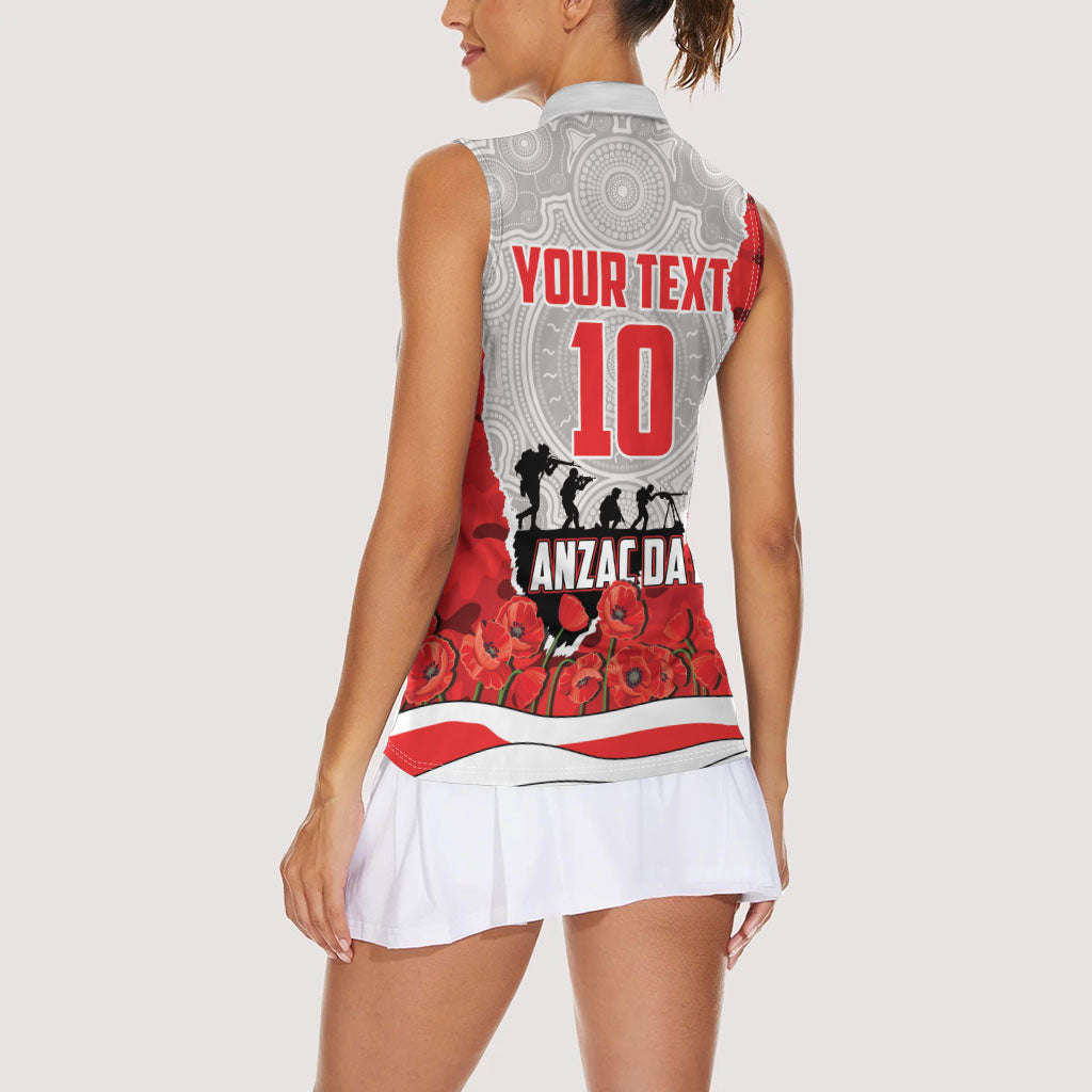 Personalized Dolphins ANZAC Tribute Women Sleeveless Polo Shirt Poppy Field Soldier Silhouette Aboriginal Rugby Mascot