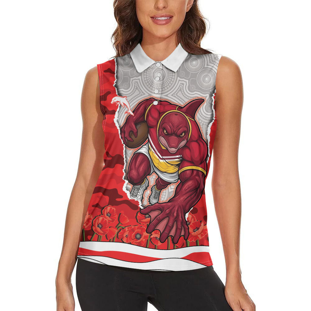 Personalized Dolphins ANZAC Tribute Women Sleeveless Polo Shirt Poppy Field Soldier Silhouette Aboriginal Rugby Mascot