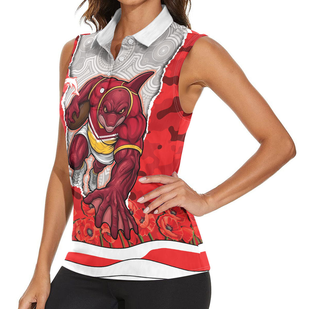 Personalized Dolphins ANZAC Tribute Women Sleeveless Polo Shirt Poppy Field Soldier Silhouette Aboriginal Rugby Mascot