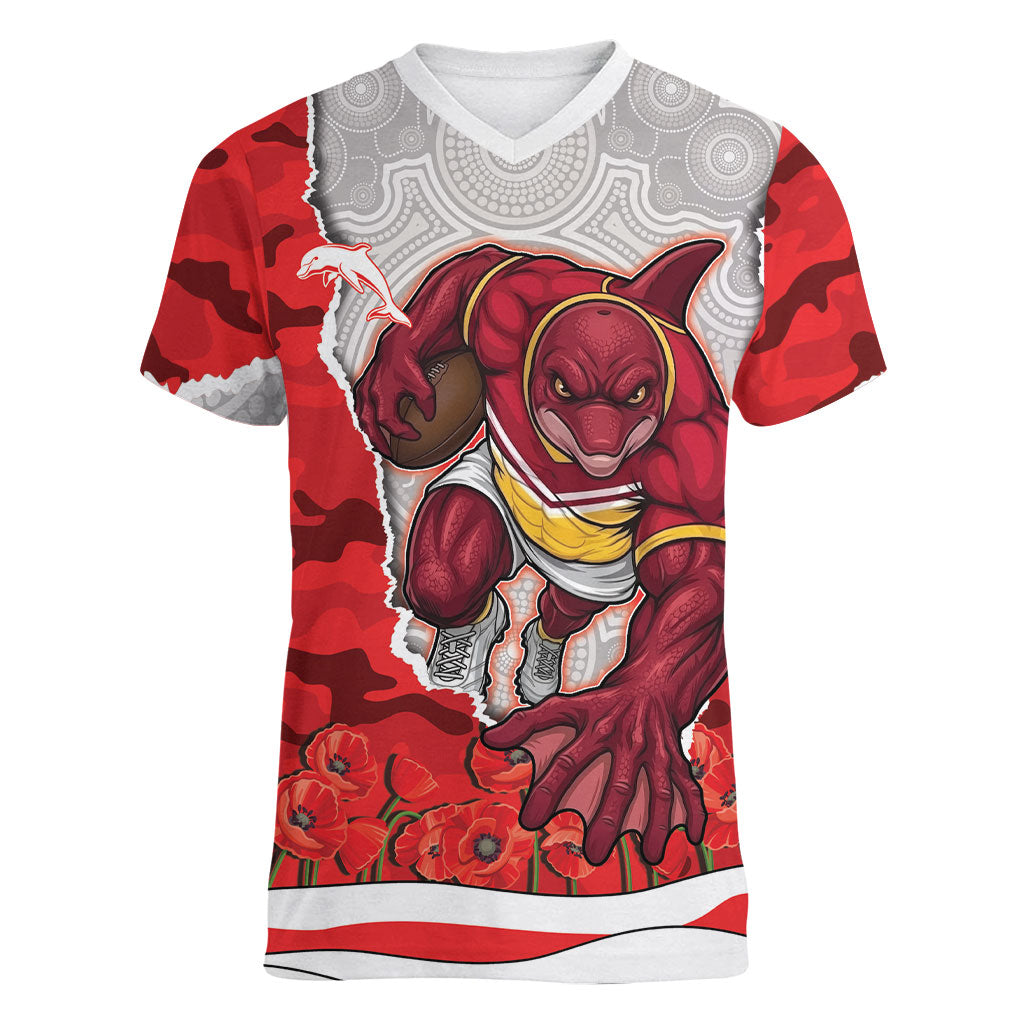 Personalized Dolphins ANZAC Tribute Women V-Neck T-Shirt Poppy Field Soldier Silhouette Aboriginal Rugby Mascot