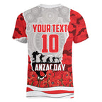 Personalized Dolphins ANZAC Tribute Women V-Neck T-Shirt Poppy Field Soldier Silhouette Aboriginal Rugby Mascot
