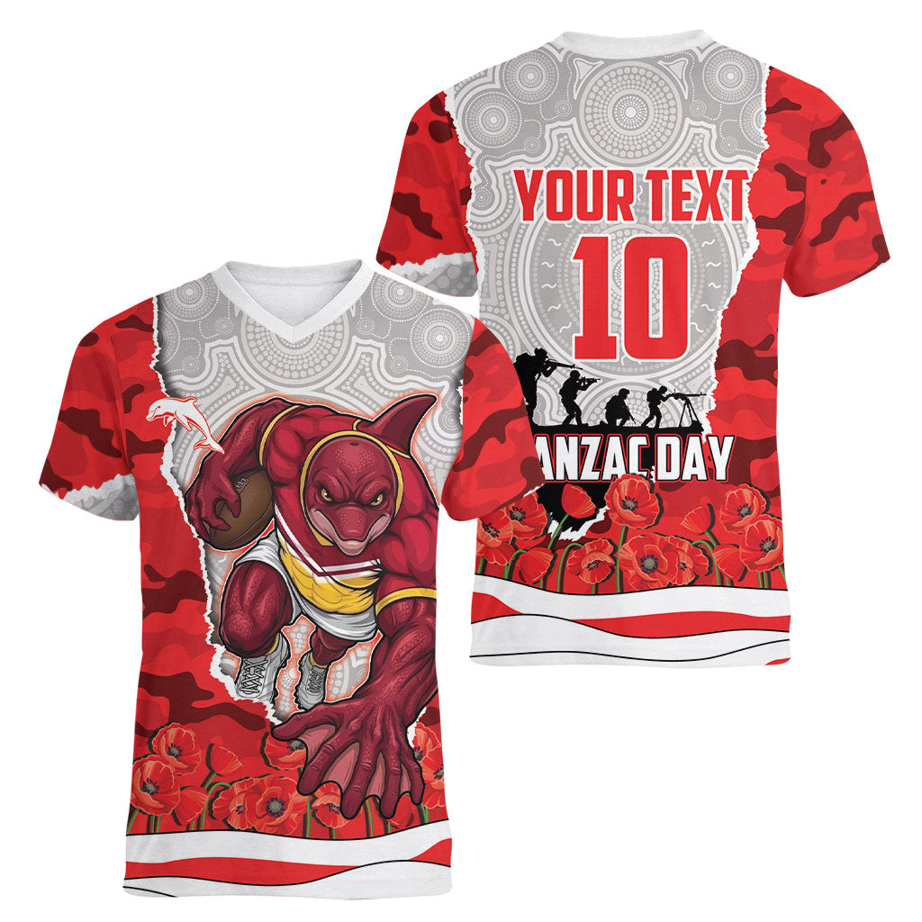 Personalized Dolphins ANZAC Tribute Women V-Neck T-Shirt Poppy Field Soldier Silhouette Aboriginal Rugby Mascot
