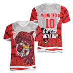 Personalized Dolphins ANZAC Tribute Women V-Neck T-Shirt Poppy Field Soldier Silhouette Aboriginal Rugby Mascot