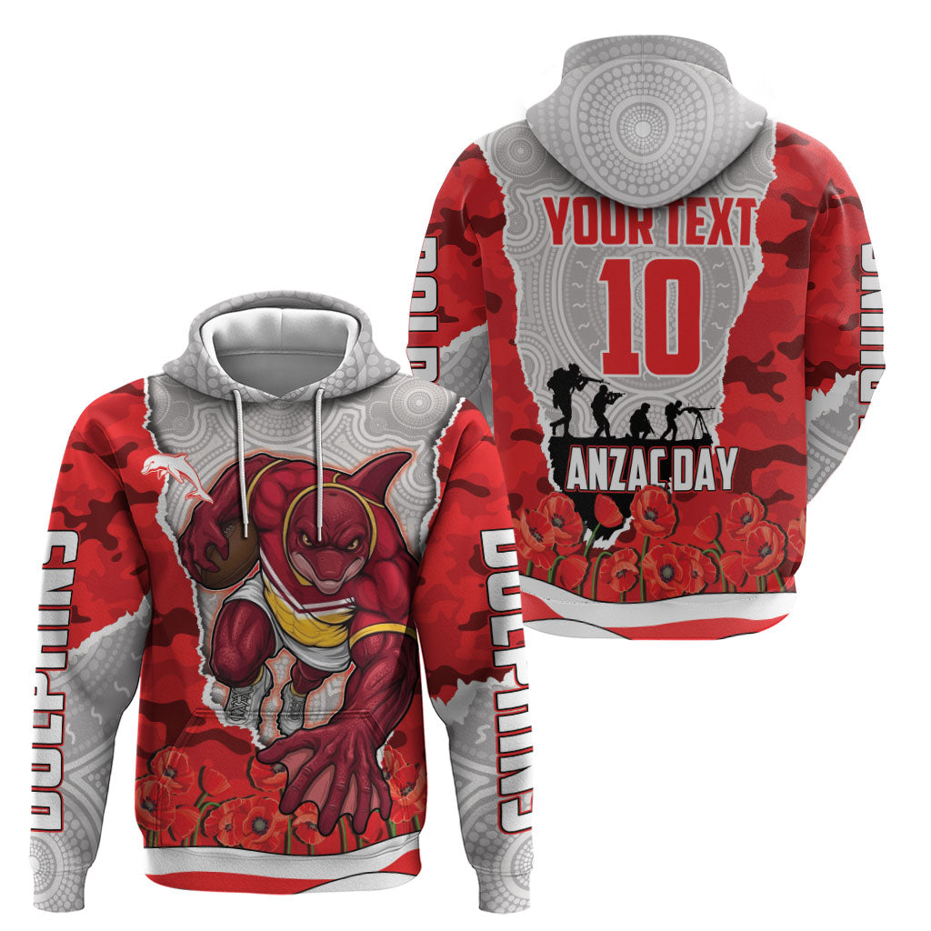 Personalized Dolphins ANZAC Tribute Zip Hoodie Poppy Field Soldier Silhouette Aboriginal Rugby Mascot