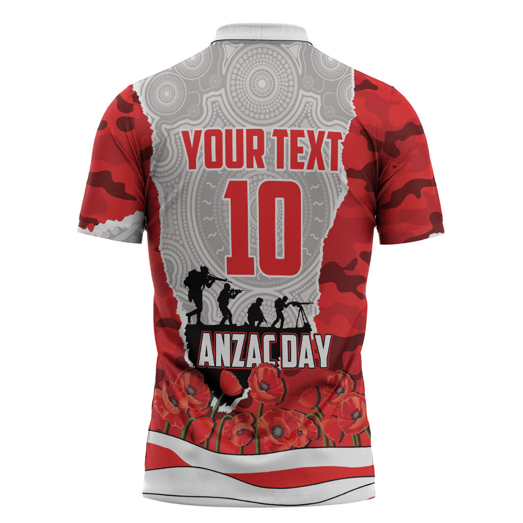 Personalized Dolphins ANZAC Tribute Zipper Polo Shirt Poppy Field Soldier Silhouette Aboriginal Rugby Mascot