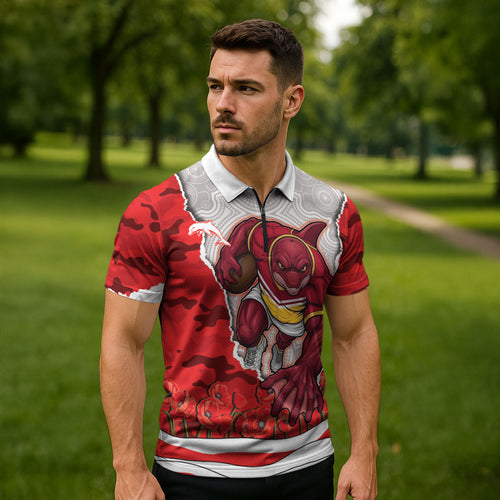 Personalized Dolphins ANZAC Tribute Zipper Polo Shirt Poppy Field Soldier Silhouette Aboriginal Rugby Mascot