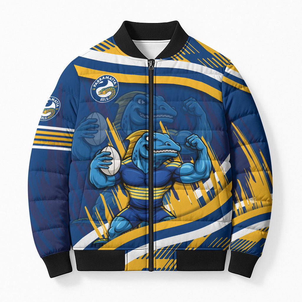 Eels Rugby Mascot Bomber Puffer Jacket Fierce Athlete Graphic in Sports Style