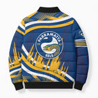 Eels Rugby Mascot Bomber Puffer Jacket Fierce Athlete Graphic in Sports Style