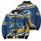 Eels Rugby Mascot Bomber Puffer Jacket Fierce Athlete Graphic in Sports Style