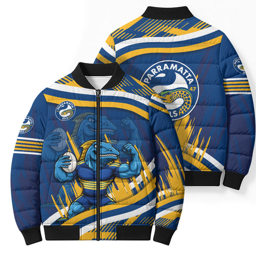 Eels Rugby Mascot Bomber Puffer Jacket Fierce Athlete Graphic in Sports Style