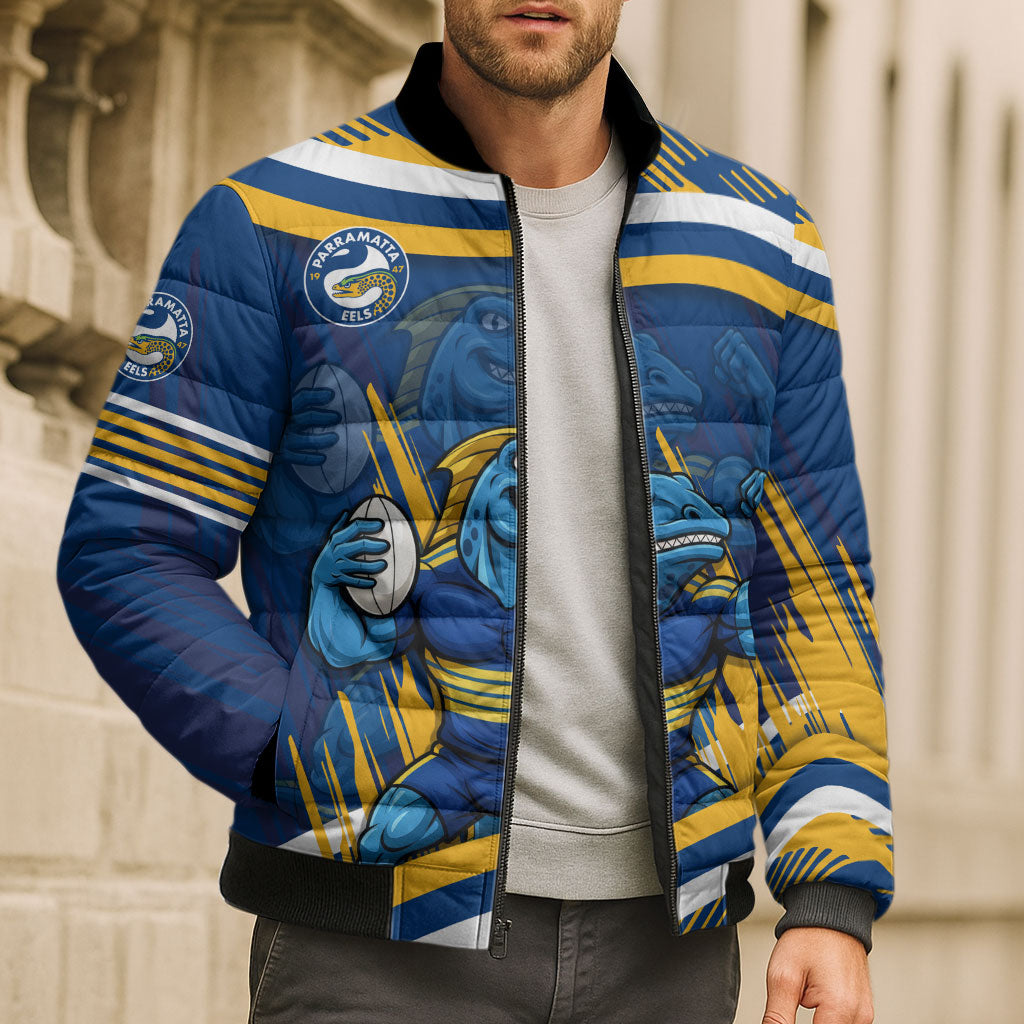 Eels Rugby Mascot Bomber Puffer Jacket Fierce Athlete Graphic in Sports Style