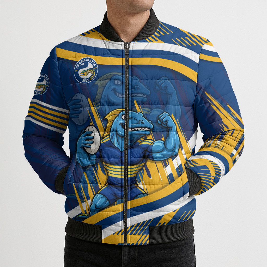 Eels Rugby Mascot Bomber Puffer Jacket Fierce Athlete Graphic in Sports Style