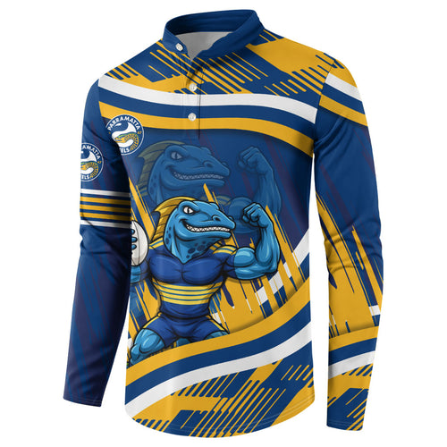 Eels Rugby Mascot Button Sweatshirt Fierce Athlete Graphic in Sports Style