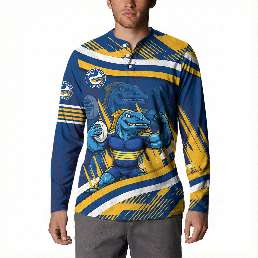 Eels Rugby Mascot Button Sweatshirt Fierce Athlete Graphic in Sports Style
