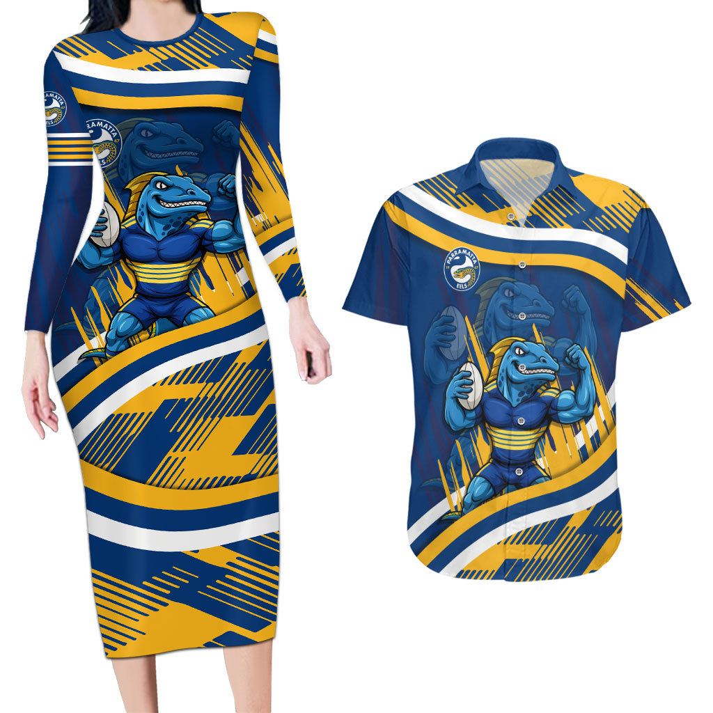 Eels Rugby Mascot Couples Matching Long Sleeve Bodycon Dress and Hawaiian Shirt Fierce Athlete Graphic in Sports Style
