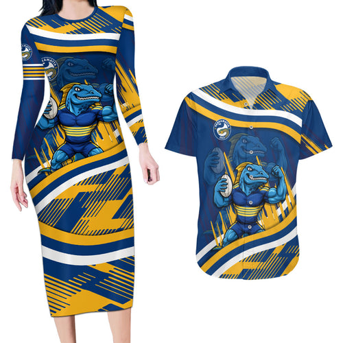 Eels Rugby Mascot Couples Matching Long Sleeve Bodycon Dress and Hawaiian Shirt Fierce Athlete Graphic in Sports Style