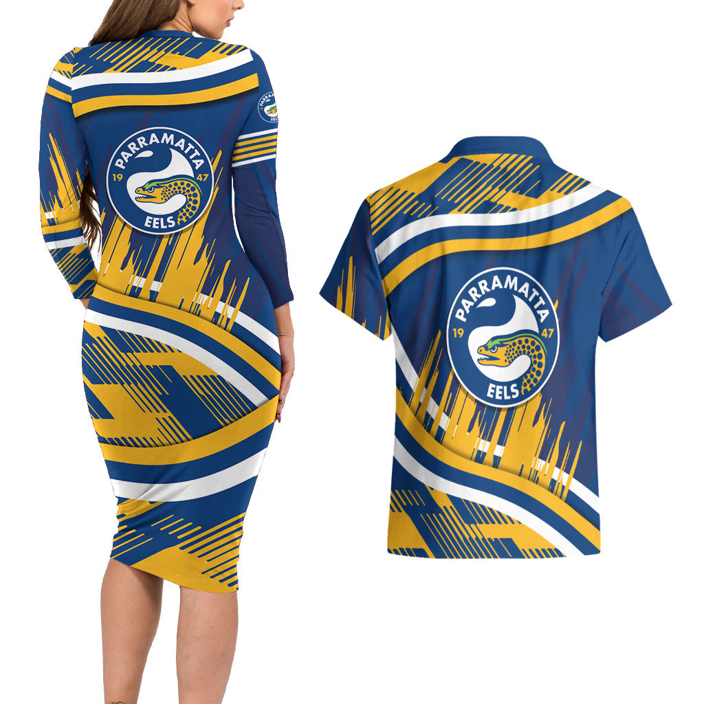 Eels Rugby Mascot Couples Matching Long Sleeve Bodycon Dress and Hawaiian Shirt Fierce Athlete Graphic in Sports Style